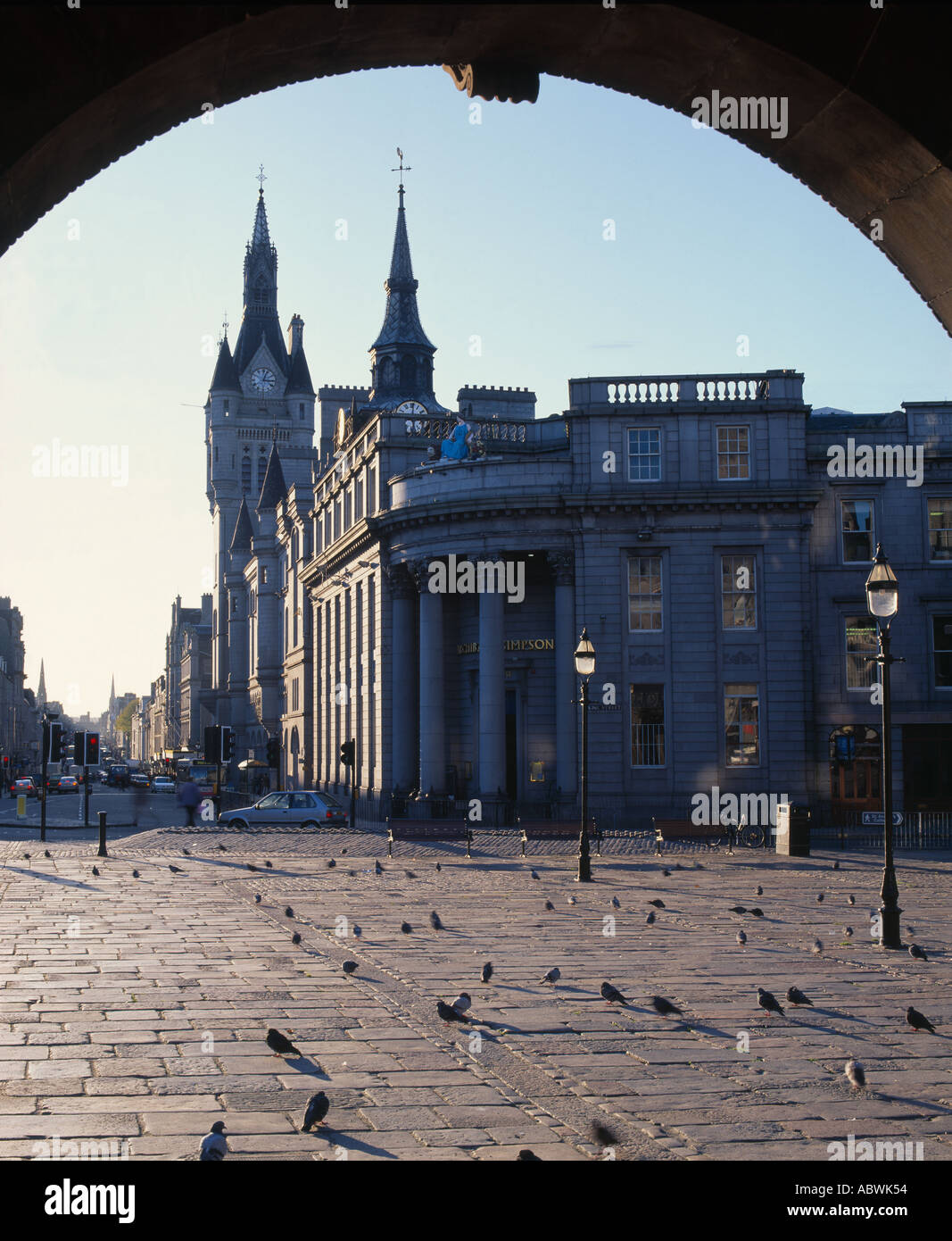 View from Castlegate along Union Street and to the Town House Clock Tower and Municipal Buildings in Aberdeen, Scotland, UK Stock Photo