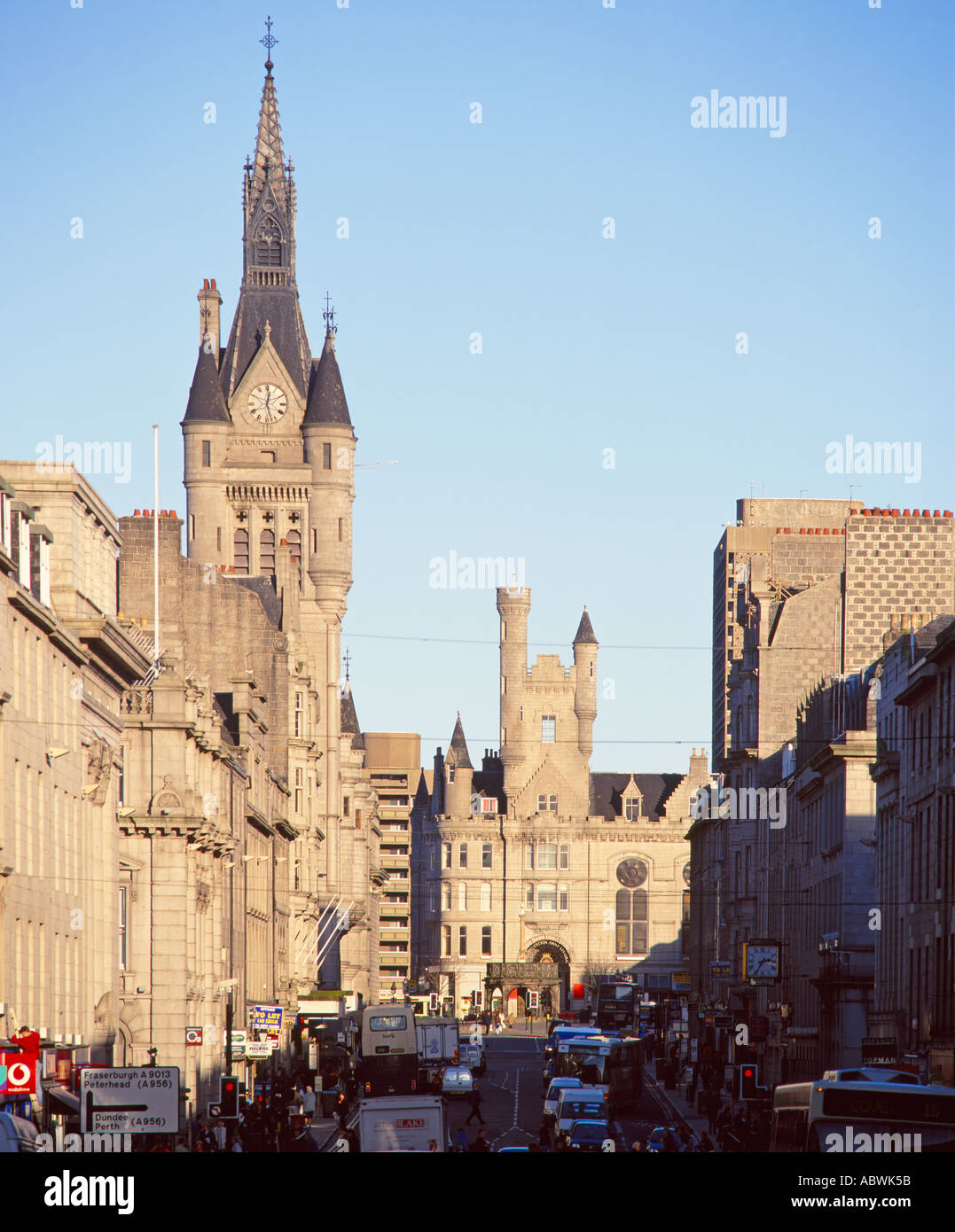 View along Union Street to the Municipal Buildings, the Town House Clock Tower and Castlegate, Aberdeen, Scotland, UK Stock Photo