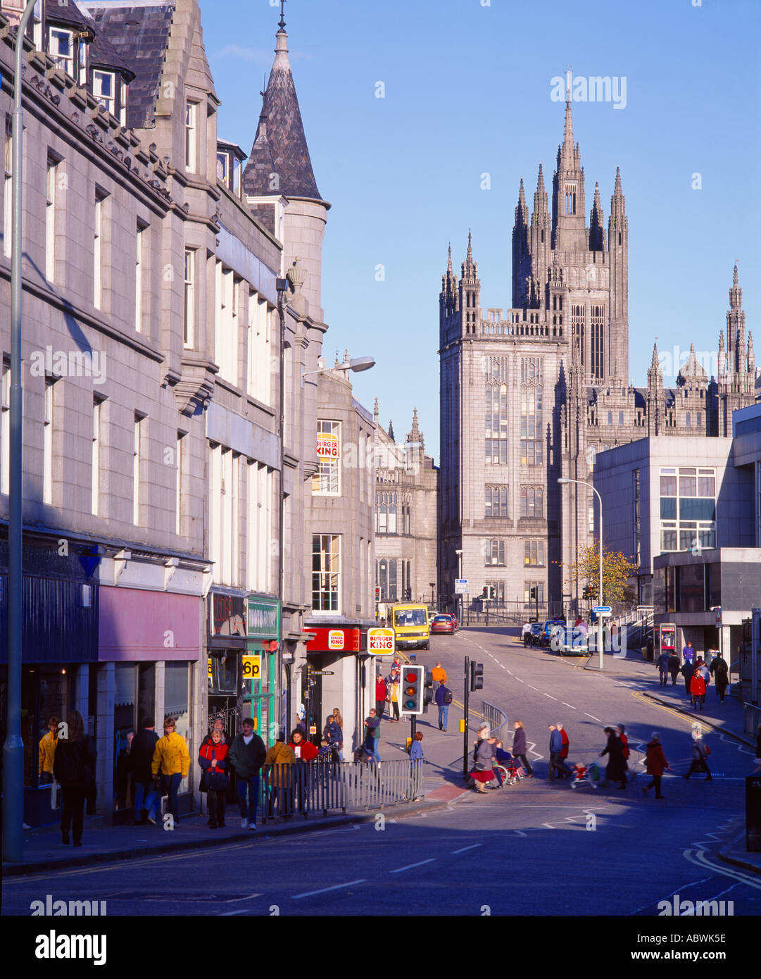 View along Upperkirkgate to the Marischal College of Aberdeen University, Aberdeen, Scotland, UK Stock Photo