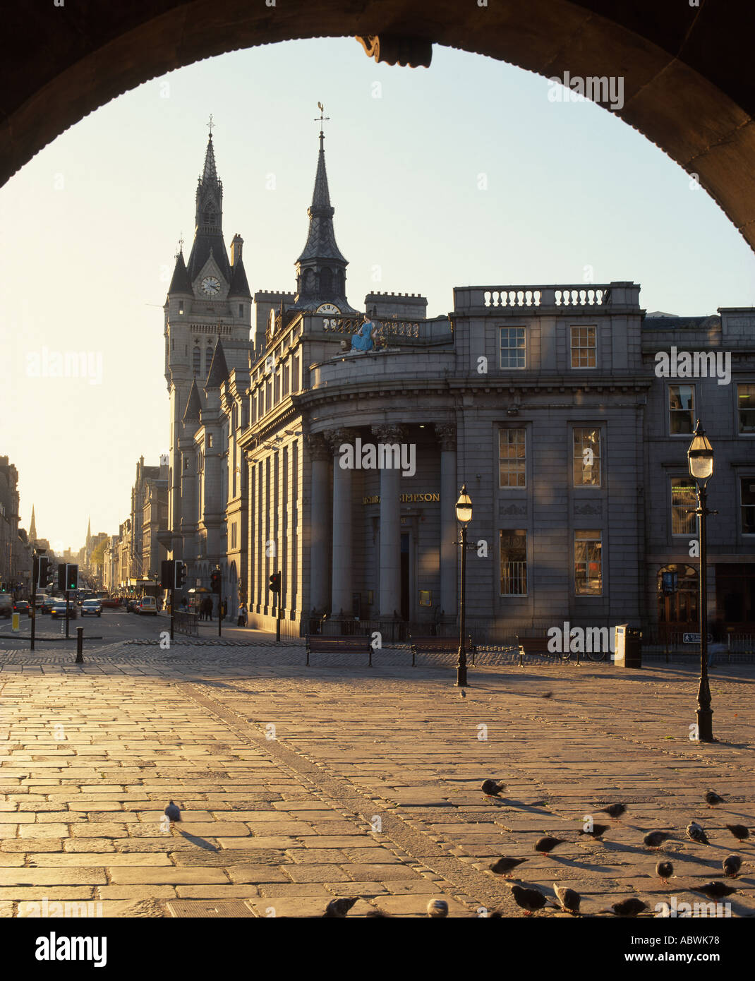 View from Castlegate along Union Street and to the Town House Clock Tower and Municipal Buildings in Aberdeen, Scotland, UK Stock Photo