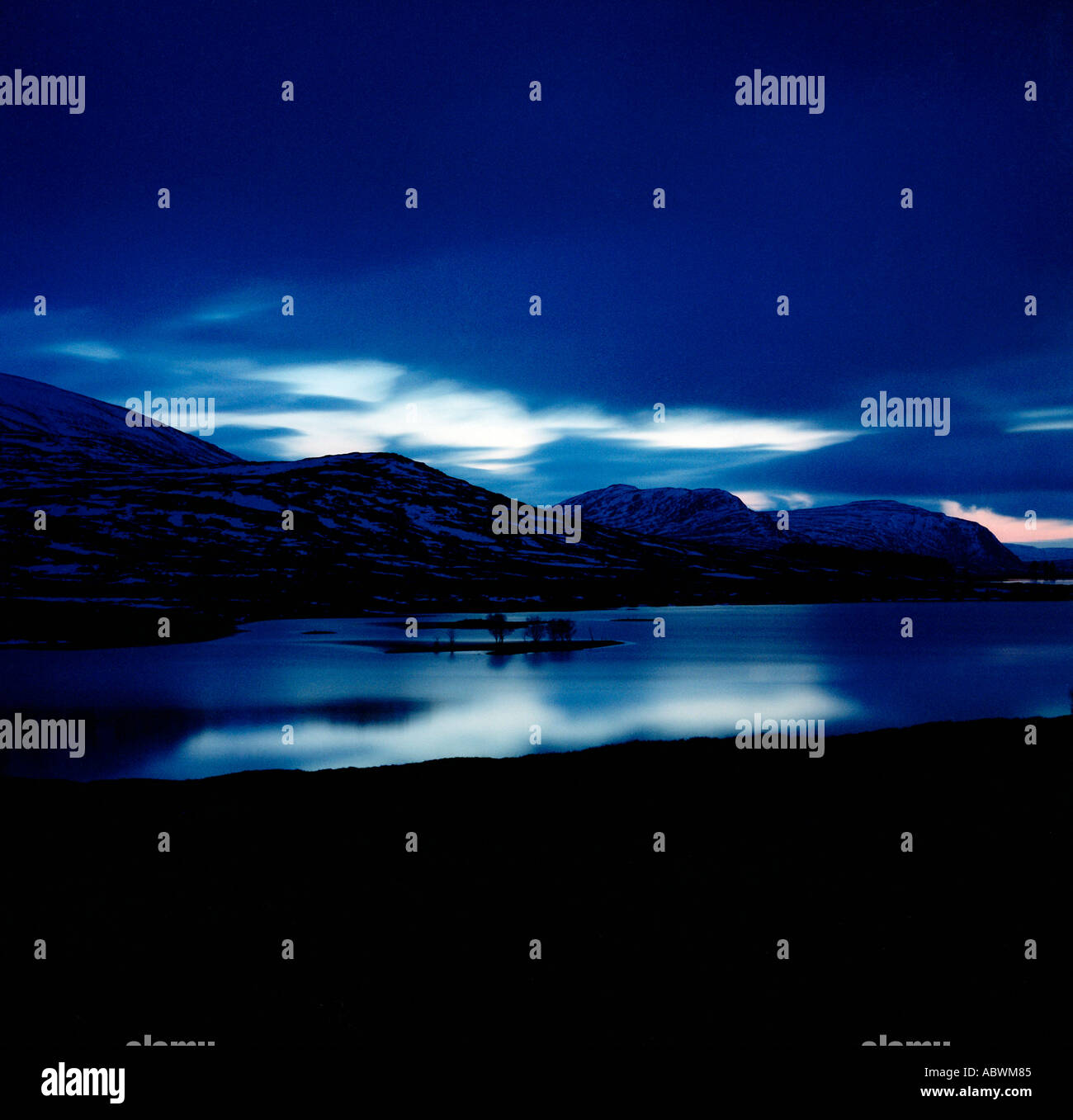 Moonlight  on Loch Droma, Between Inverness and Ullapool, Wester Ross, Scottish Highlands Stock Photo