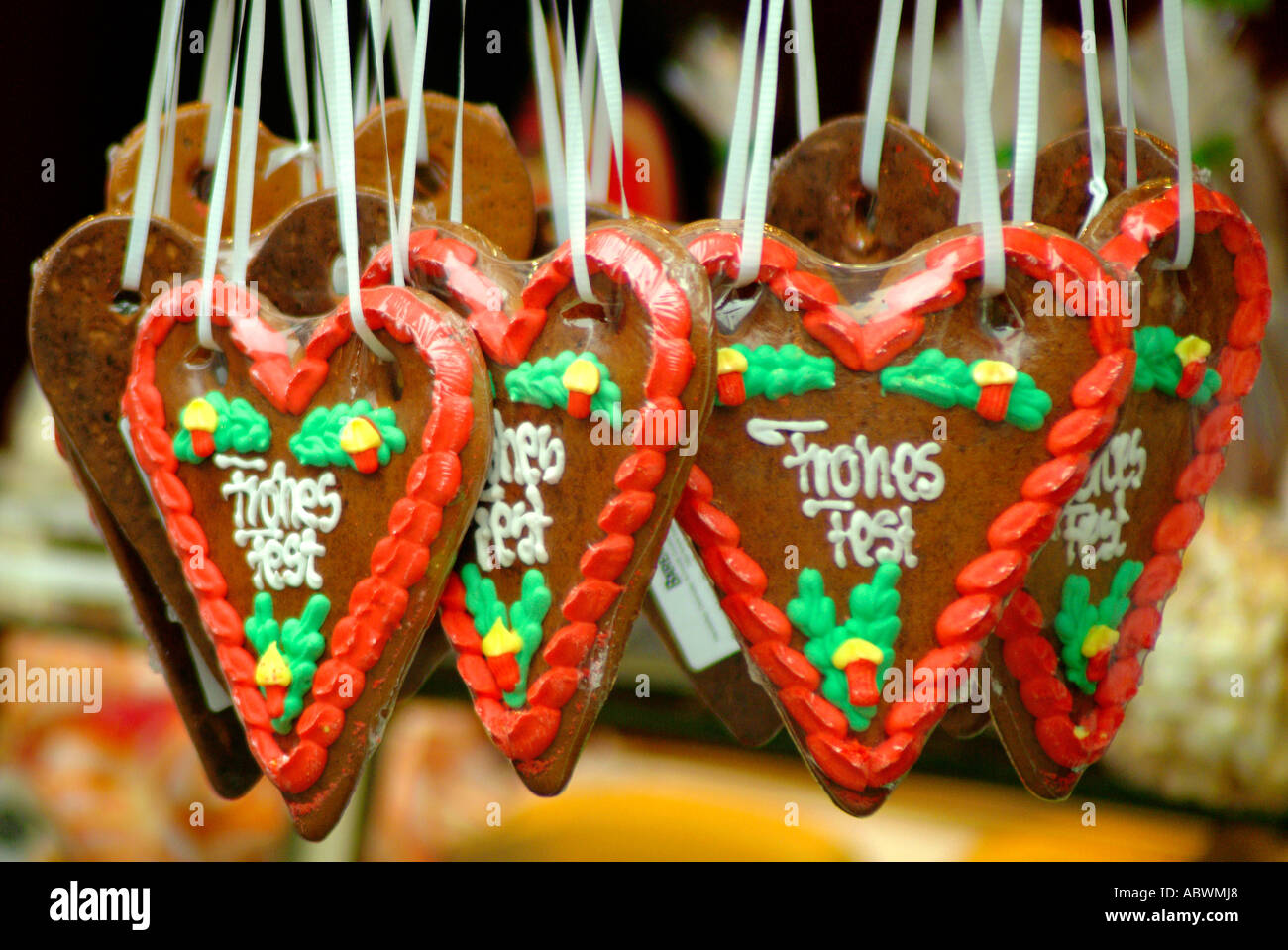 gingerbread hearts on a market before christmas Lebkuchenherzen Weihnachtsmarkt Stock Photo