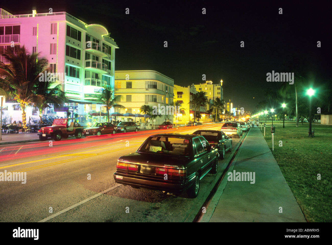 Night along the art deco South Beach district of Miami,Florida,USA Stock Photo