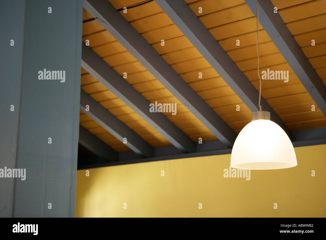A Slatted Ceiling With Painted Wooden Beams Stock Photo