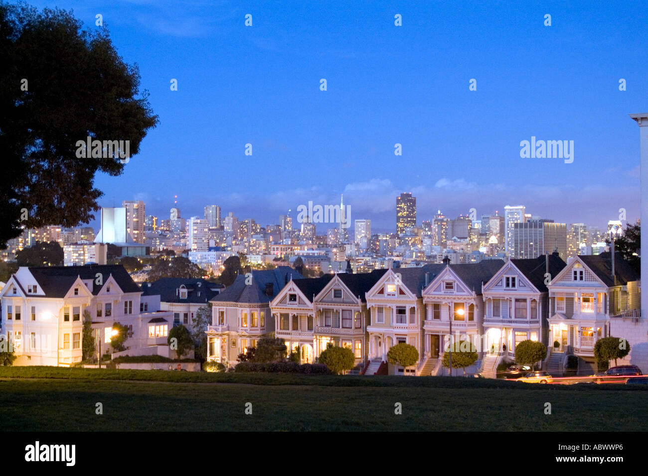 Famous victorian houses with beautiful scenic of skyline in tourist