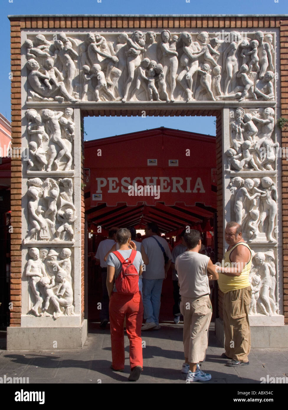 Ornate sculptured gate at entrance to fish market at Chioggia Italy ...