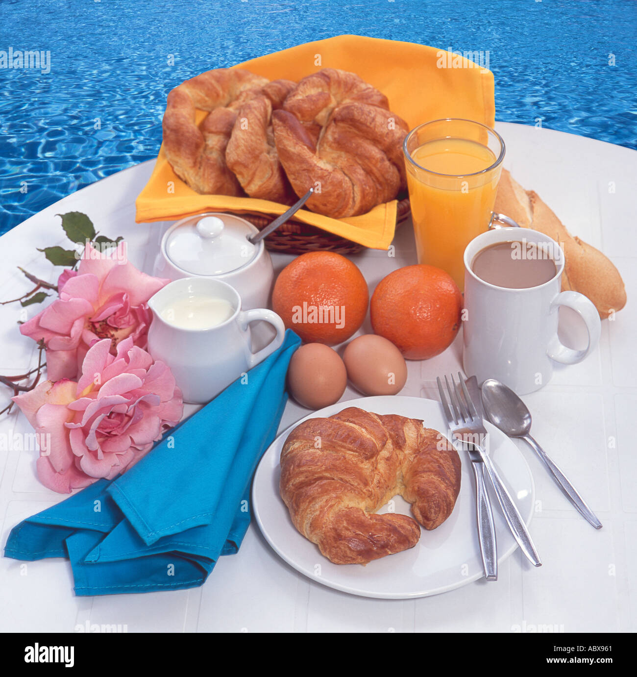 pool side continental breakfast Stock Photo