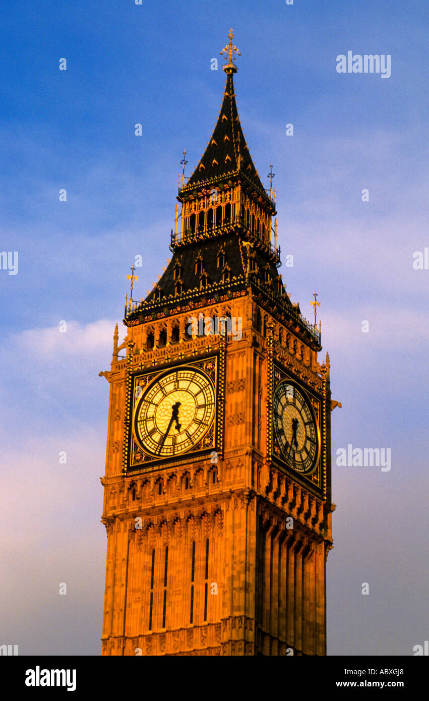 Big Ben Clock Tower, Elizabeth Tower, London, England. Clock face at sunset close up. Historic
