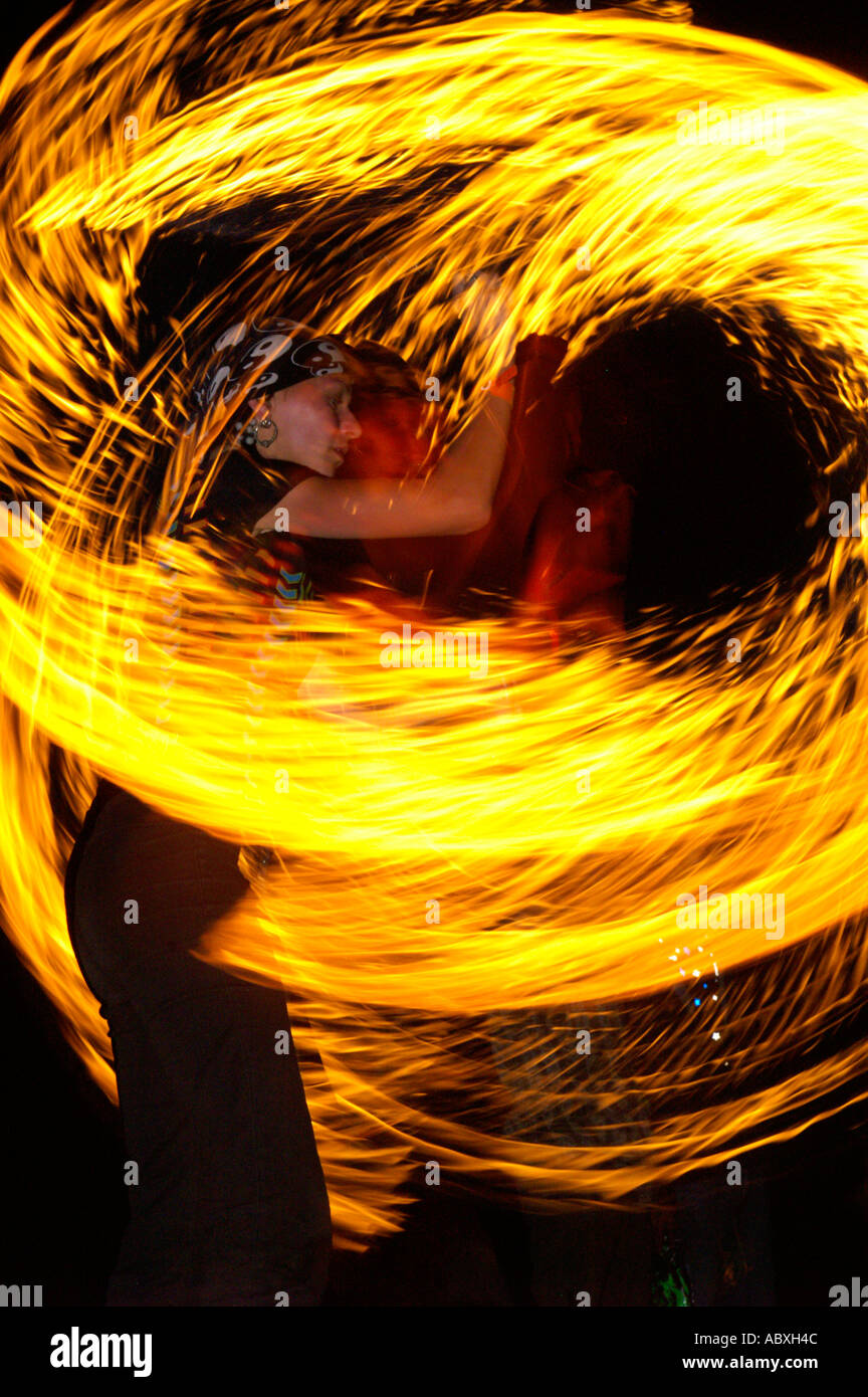 Firedance performance at Lipovec HillTop Festival rave party night, Slovakia Stock Photo