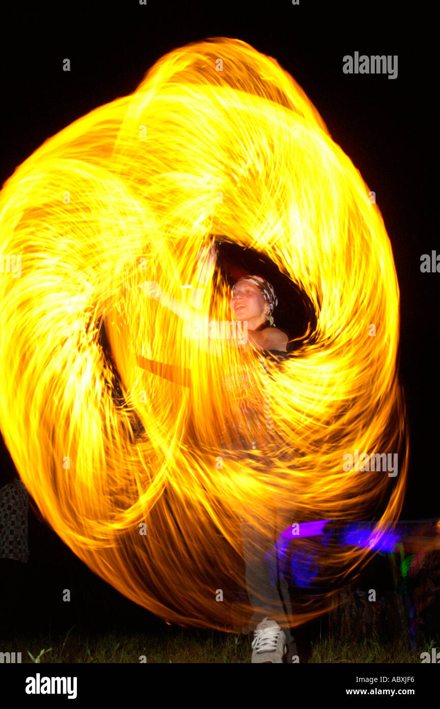 Firedance at Lipovec HillTop Festival rave party, Slovakia Stock Photo
