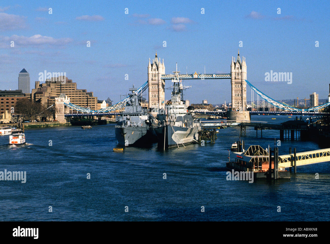 England London Great Britain Tower Bridge and two warships. British navy. Stock Photo