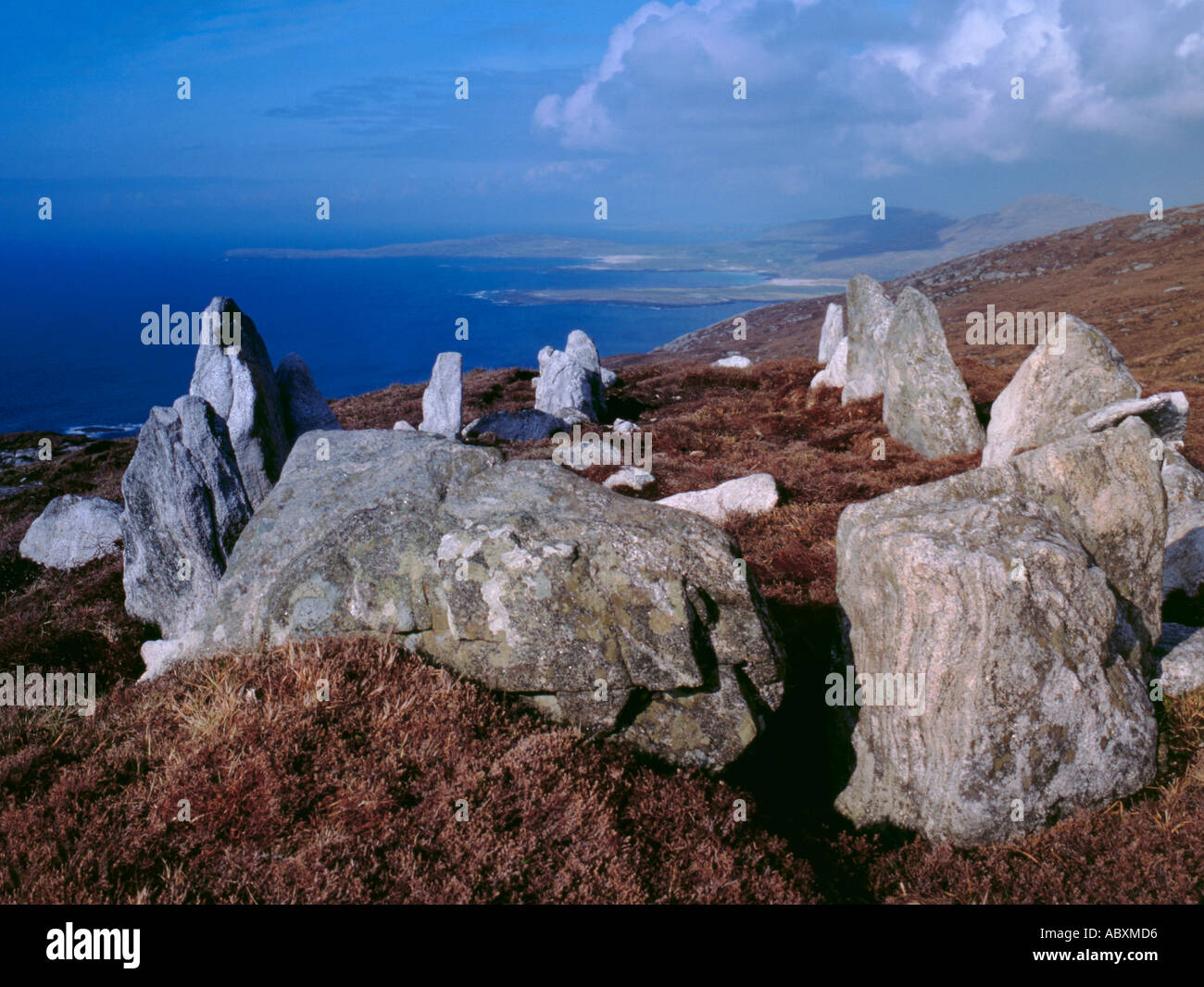 Prehistoric stone circle on the slopes of Ben Tangaval, Barra, Outer Hebrides, Scotland, UK. Stock Photo