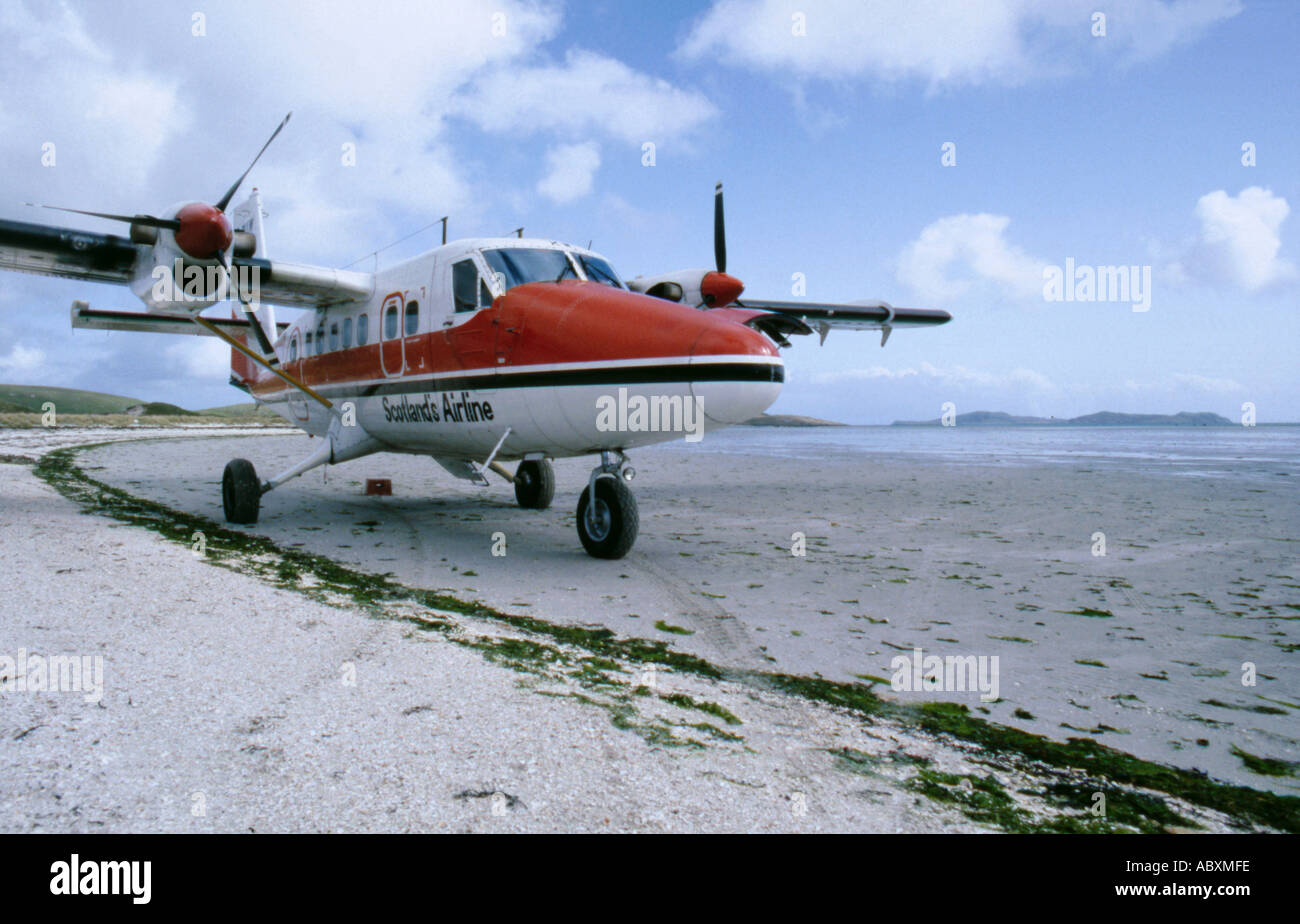 Aircraft on beach airfield, Traigh Mhor Bay, Barra, Outer Hebrides, Scotland, UK. Stock Photo