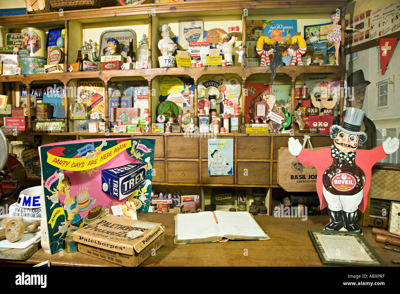 Museum display of 1920s village shop with toys and food for sale Wales UK Stock Photo