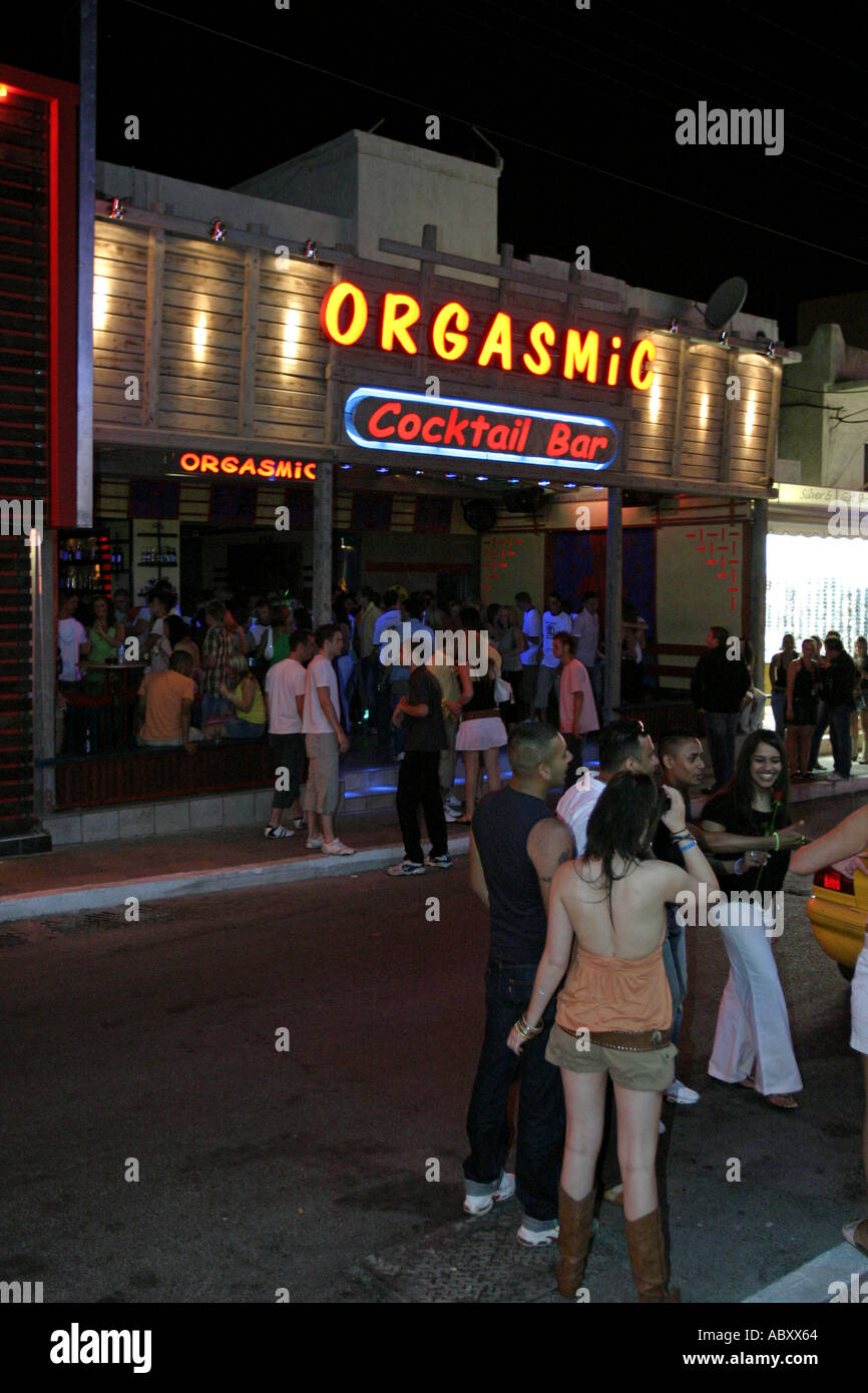 greece crete malia bar street at night Stock Photo