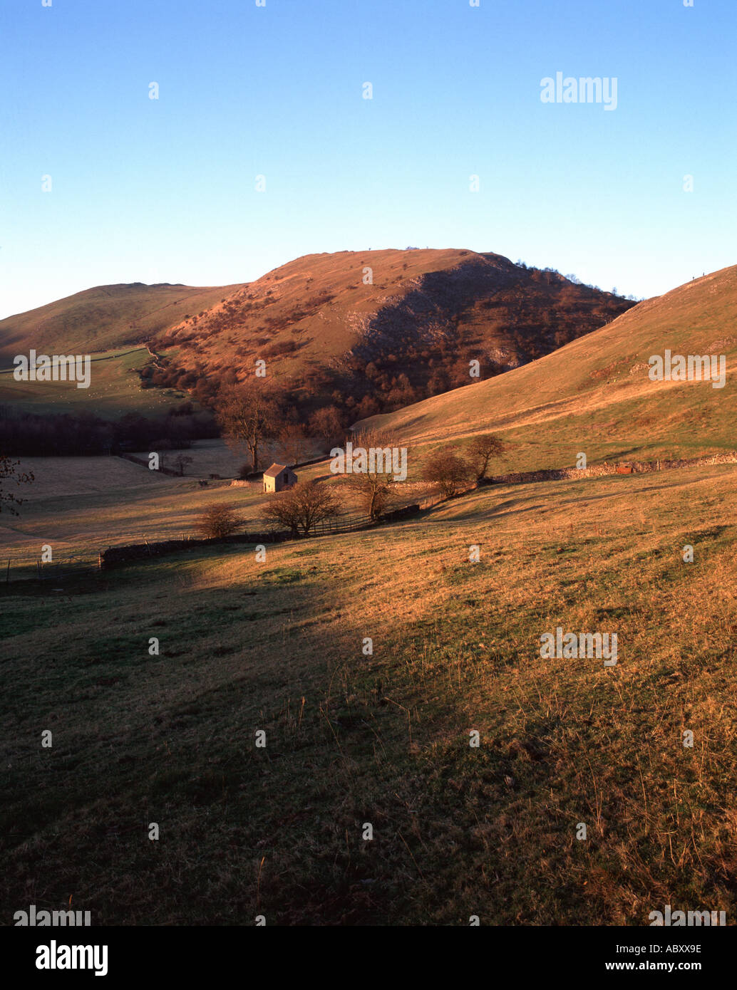 Bunster Hill and the entrance to Dovedale from the slopes of Thorpe Cloud in England's Peak District National Park Stock Photo