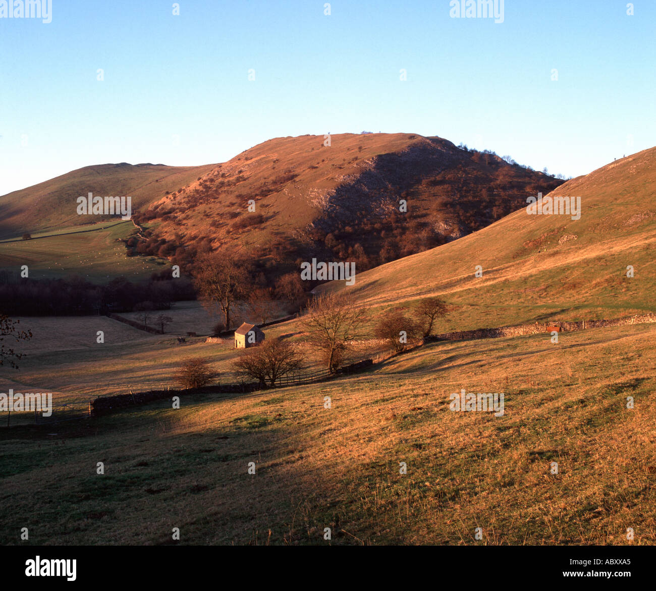 Bunster Hill and the entrance to Dovedale from the slopes of Thorpe Cloud in England's Peak District National Park Stock Photo