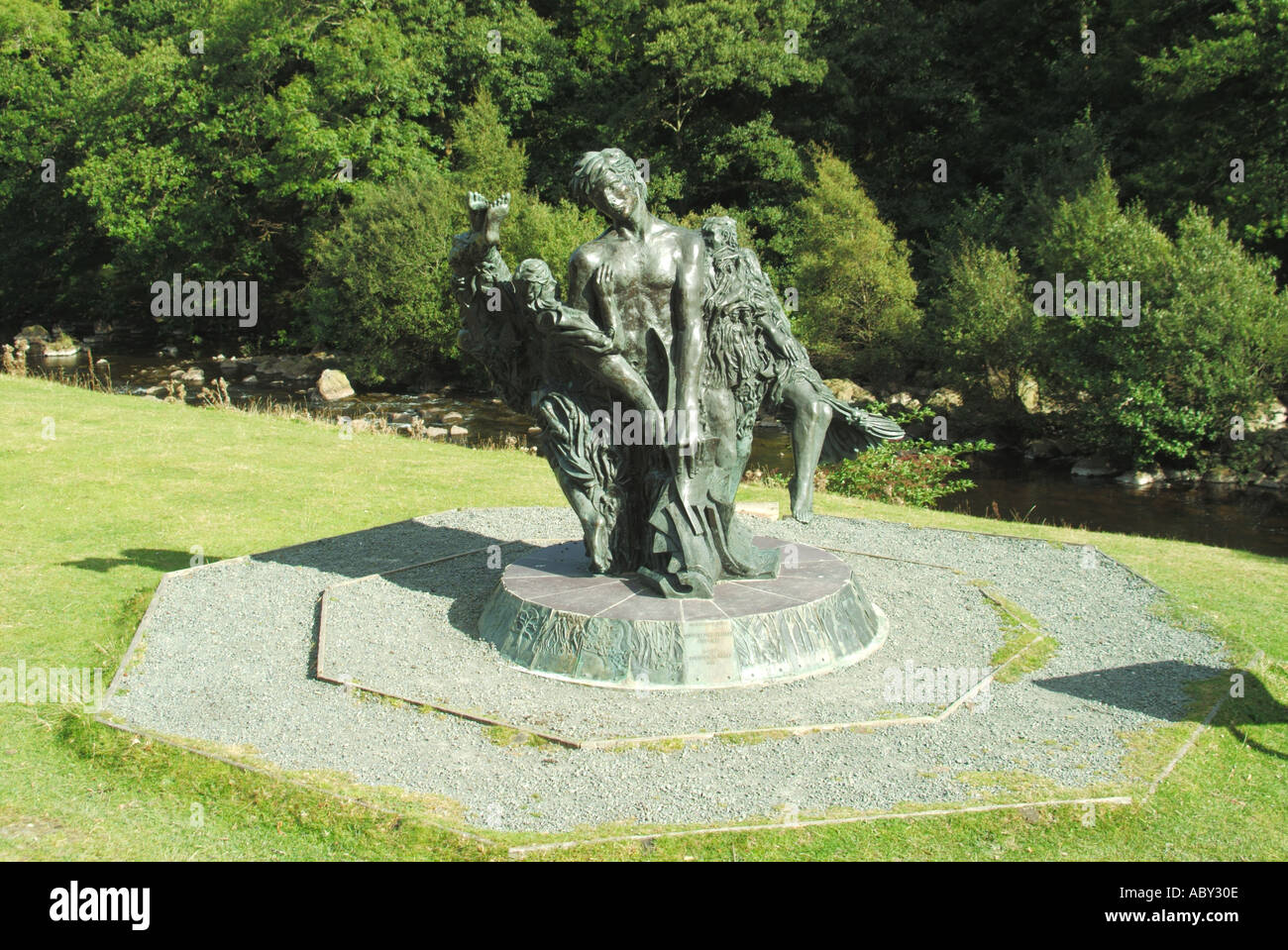 Statue sculpture of poet Shelley by sculptor Christopher Kelly in 1998 stands in Elan Valley Visitor Centre beside River Elan Rhayader Powys Wales UK Stock Photo