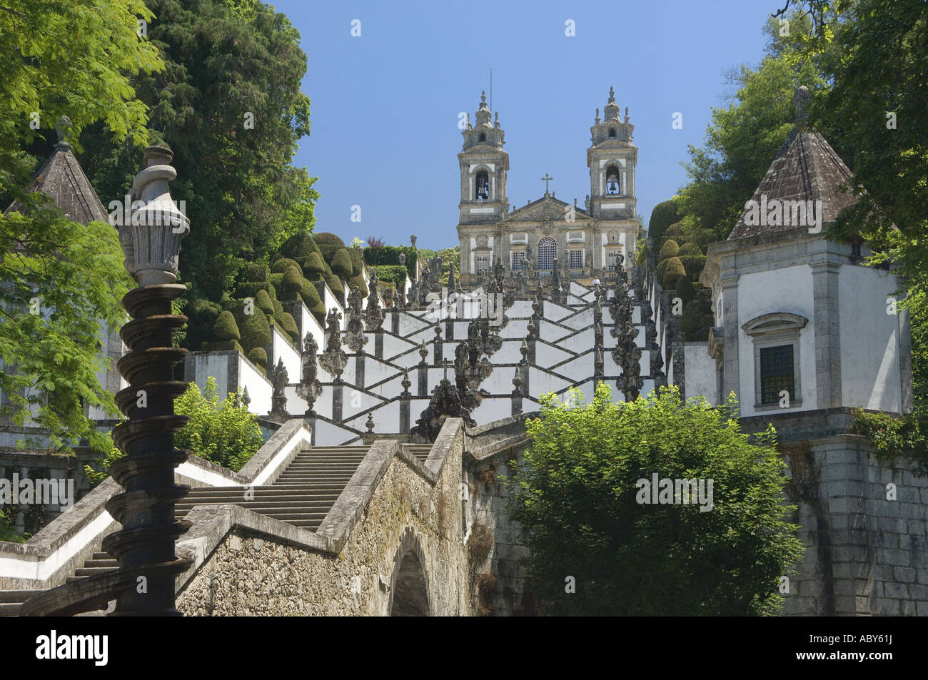 Portugal, the Minho; Braga, the Sanctuary of Bom Jesus, the baroque stairway Stock Photo