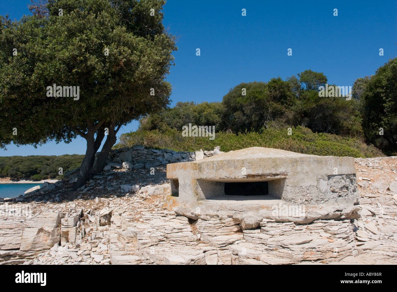 Remains of WW2 era coastal bunker on Vrbanj Bay on Brioni islands, Veliki Brijun, Croatia Stock Photo
