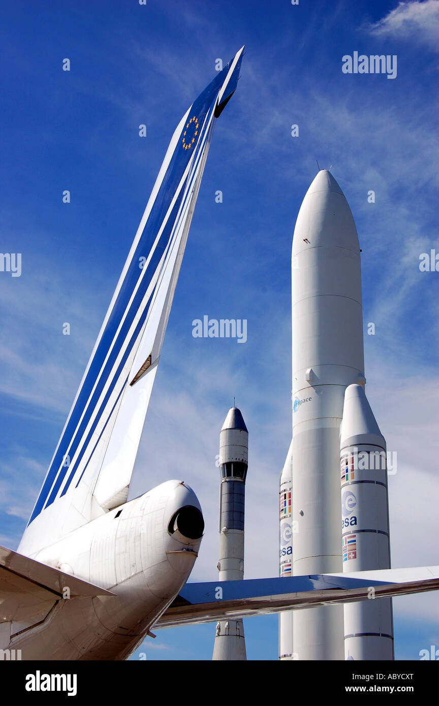 Ariane rockets and jet aircraft at the Paris Air Show, Le Bourget. Paris. Stock Photo