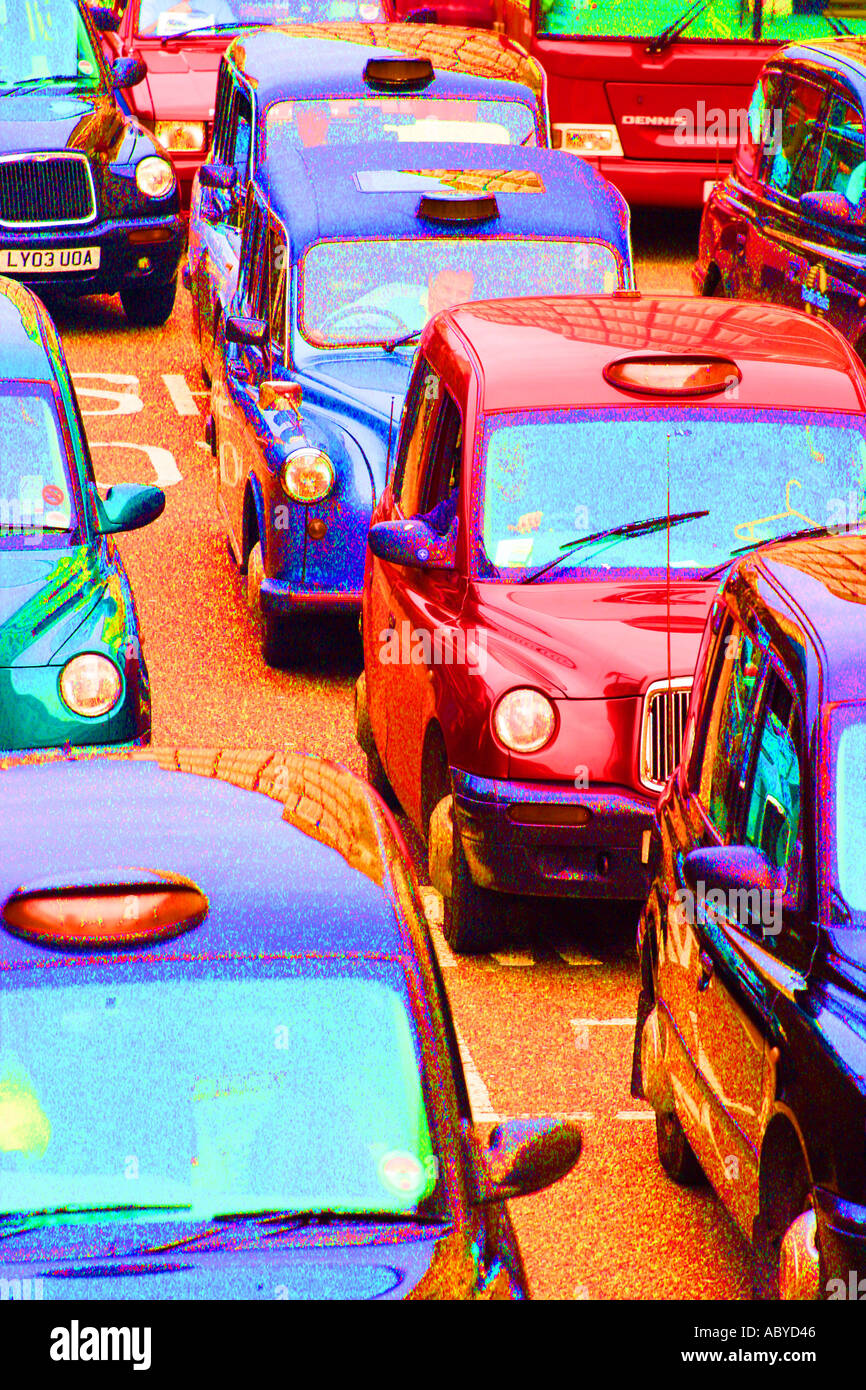 London taxi traffic vehicle congestion traffic jam of London taxis and buses colour enhanced Stock Photo