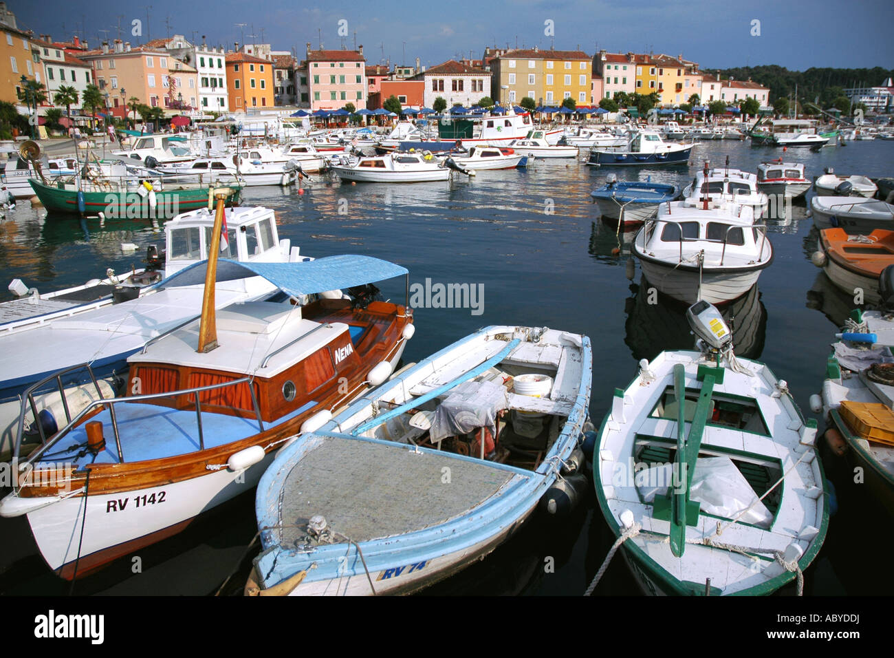 View of Rovinj port Istria Croatia Rovigno former ex Yugoslavia Croazia Hrvatska Istra Istrian Peninsula East Eastern Europe Stock Photo