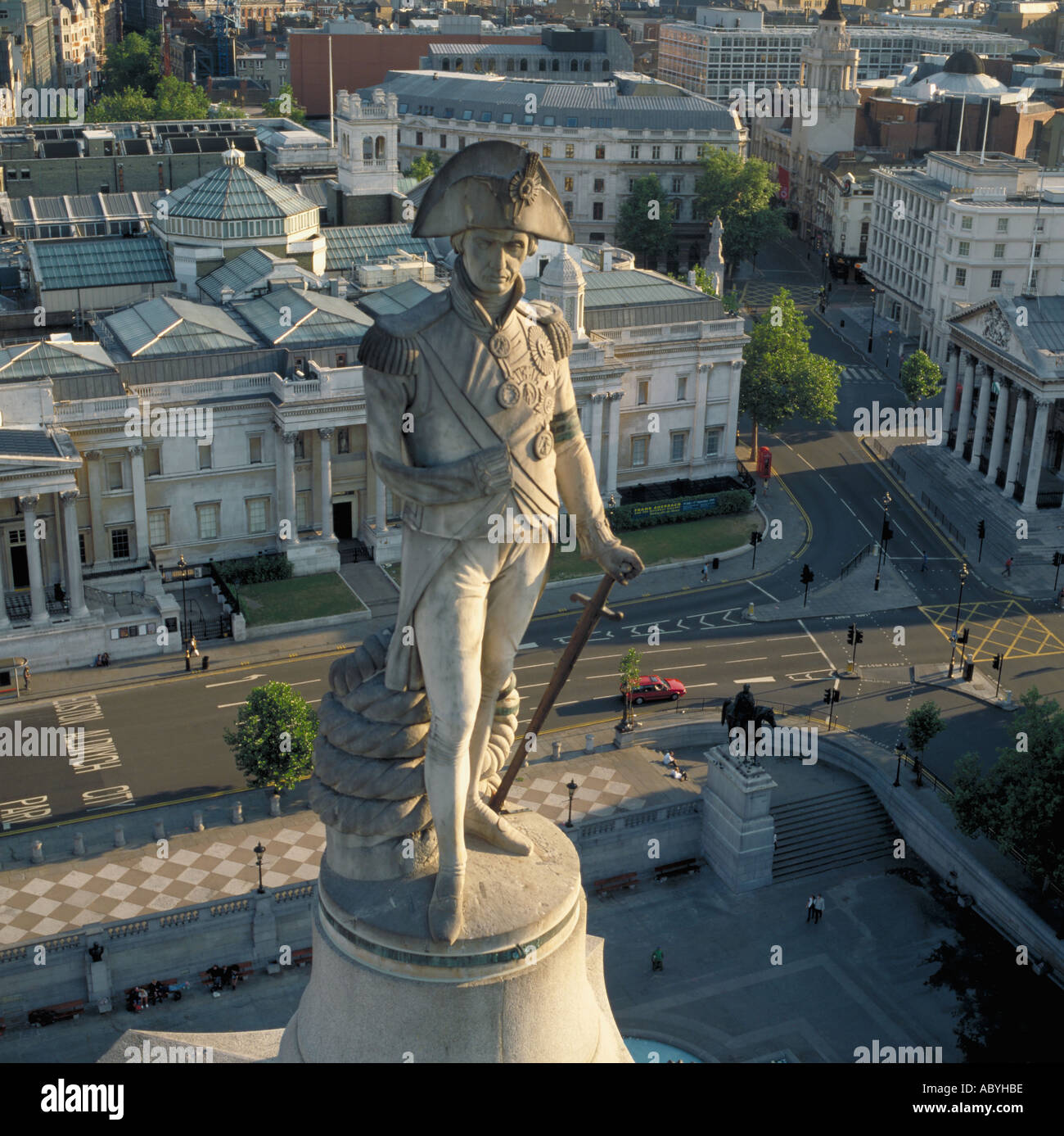 Closeup of Nelson s Column Trafalgar Square London UK aerial view Stock Photo