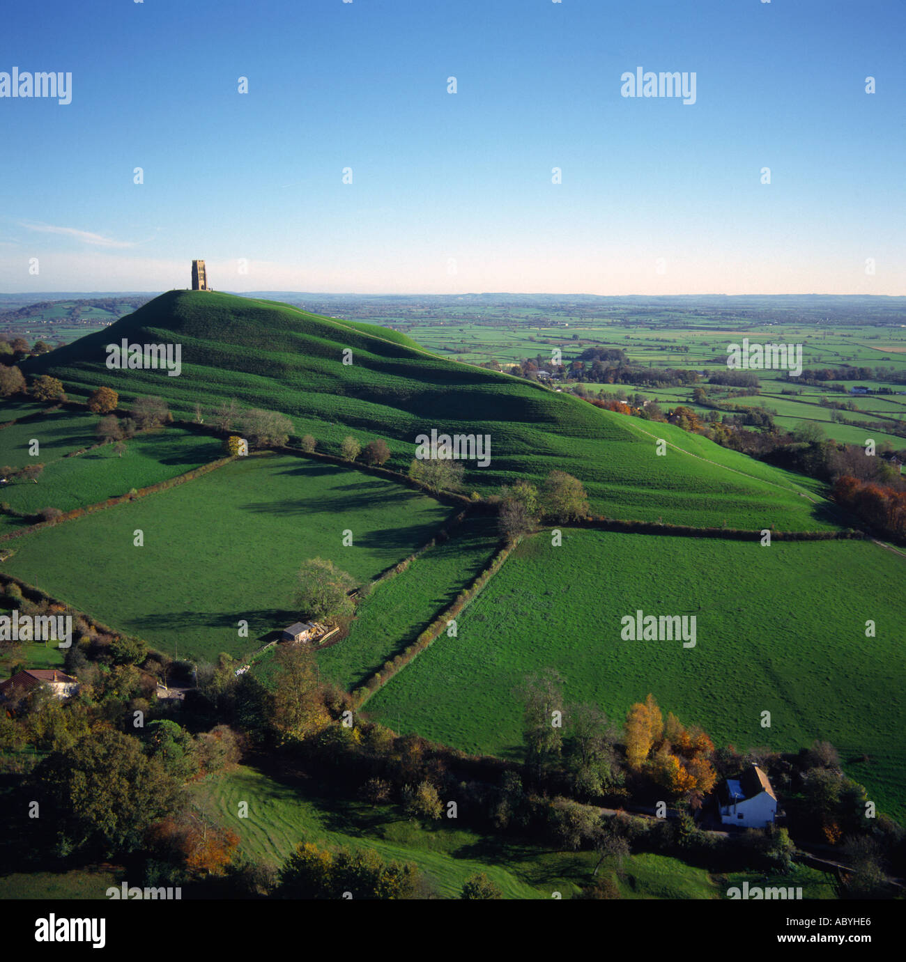 Tor and surrounding Somerset Levels Glastonbury UK aerial view Stock Photo