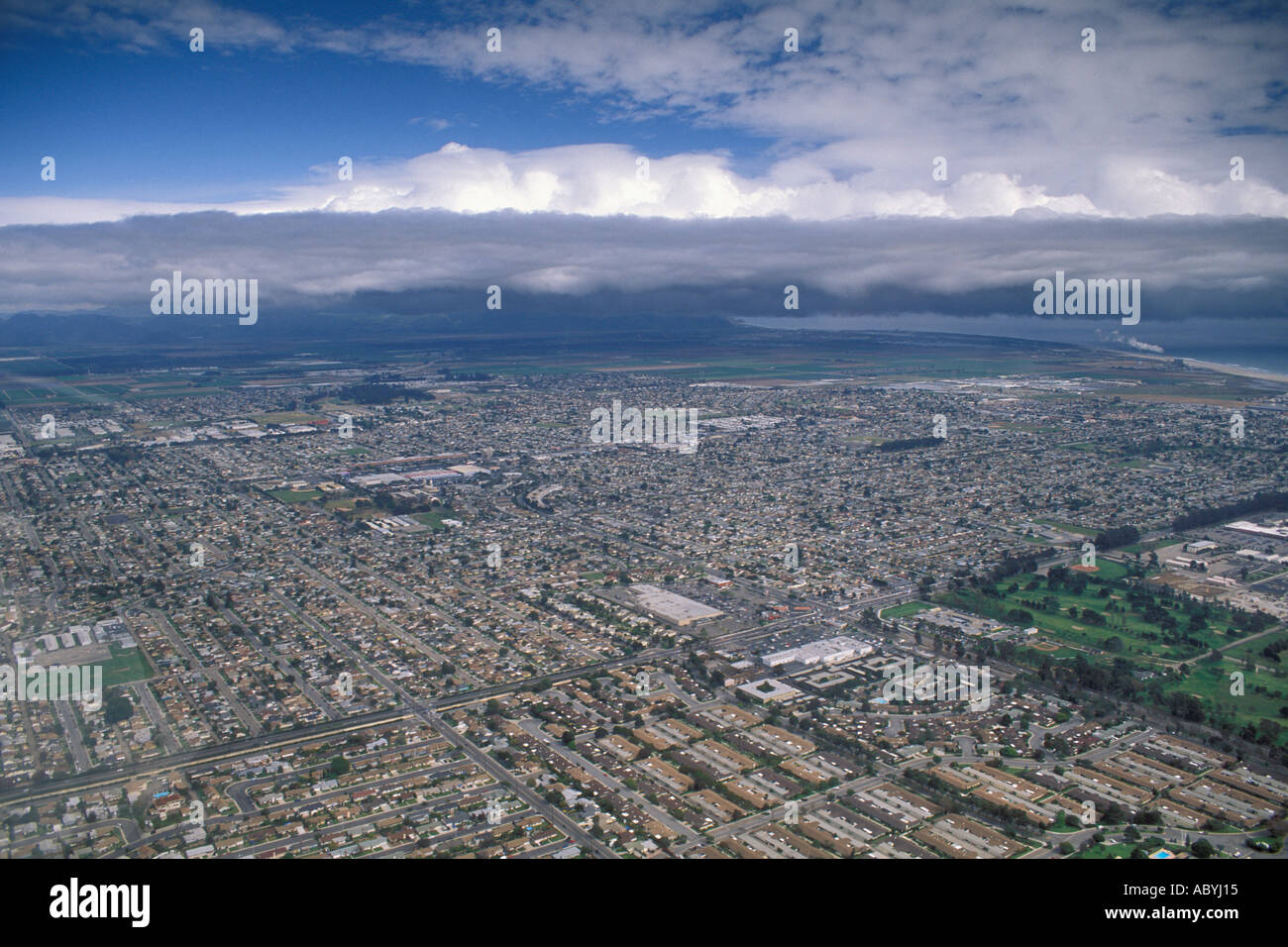 Aerial view of storm clouds over the suburban Ventura county coast California  Stock Photo