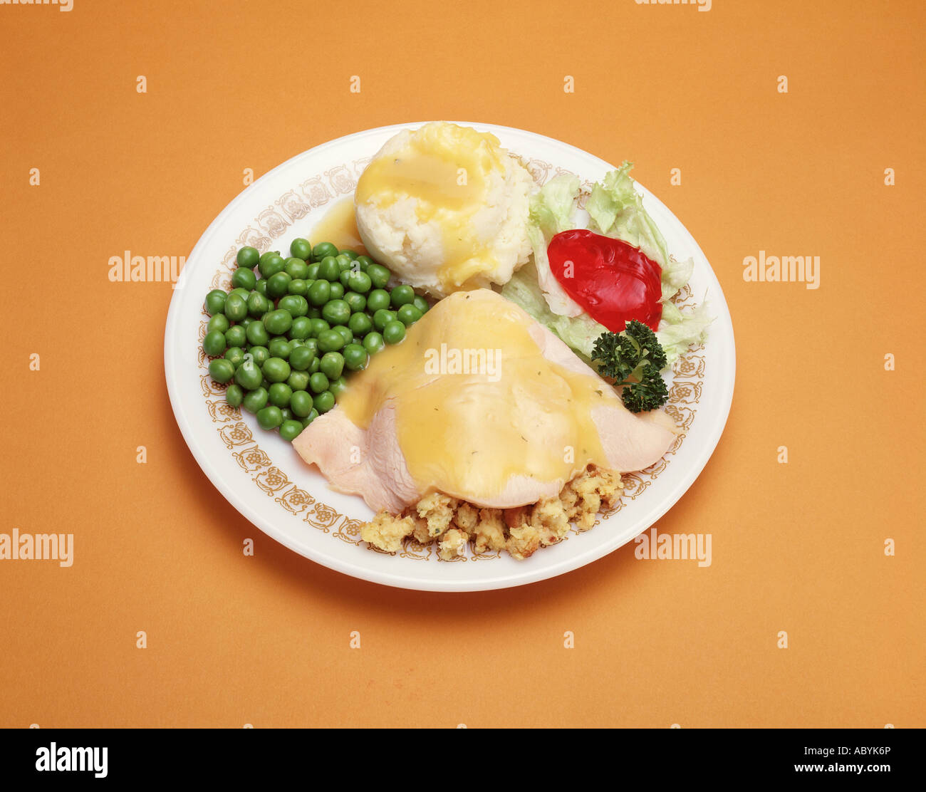 blue plate special hot turkey stuffing gravy mashed potato potatoe garnish green peas cranberry