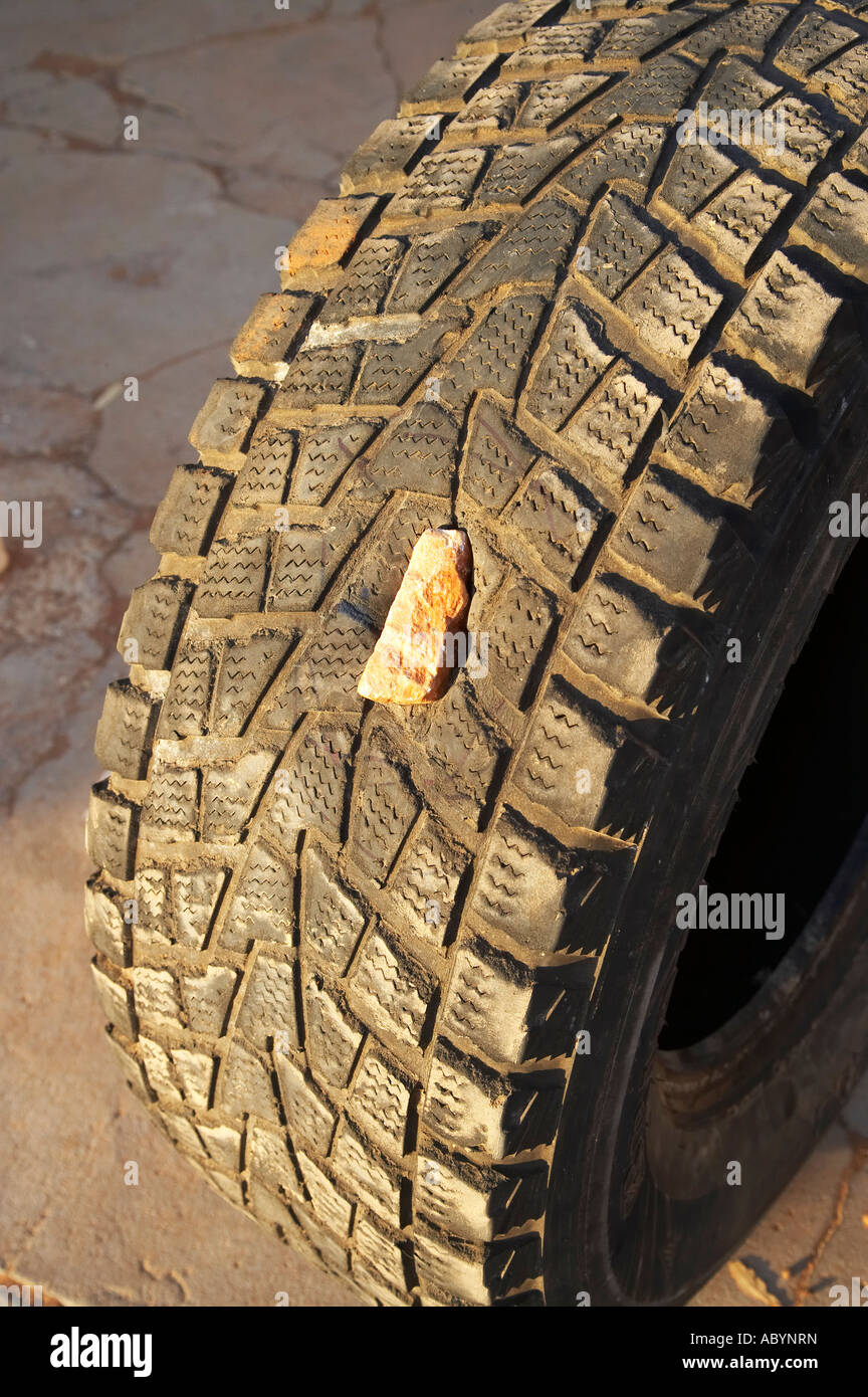 Rock Puncturing Tire Outback New South Wales Australia Stock Photo