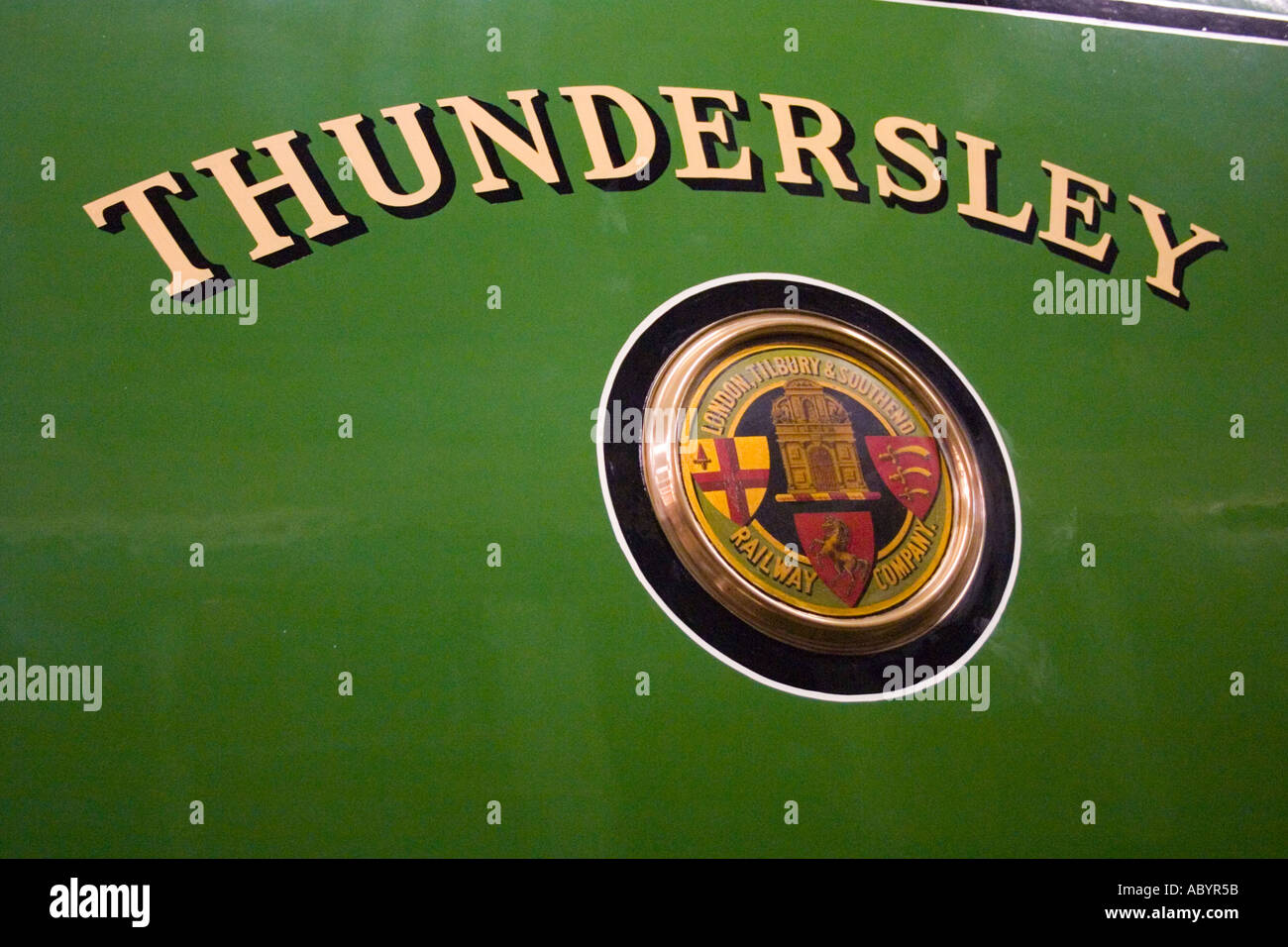 Name plate for Thundersley No 80 Express Tank Engine at Bressingham Gardens and Steam Museum Diss Norfolk Stock Photo