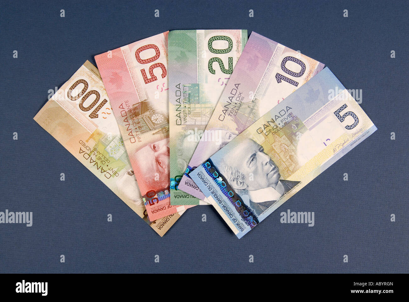 5 Five Ten 10 Twenty 20 Fifty 50 One hundred 100 Canadian Canada cash money dollar bills Stock Photo