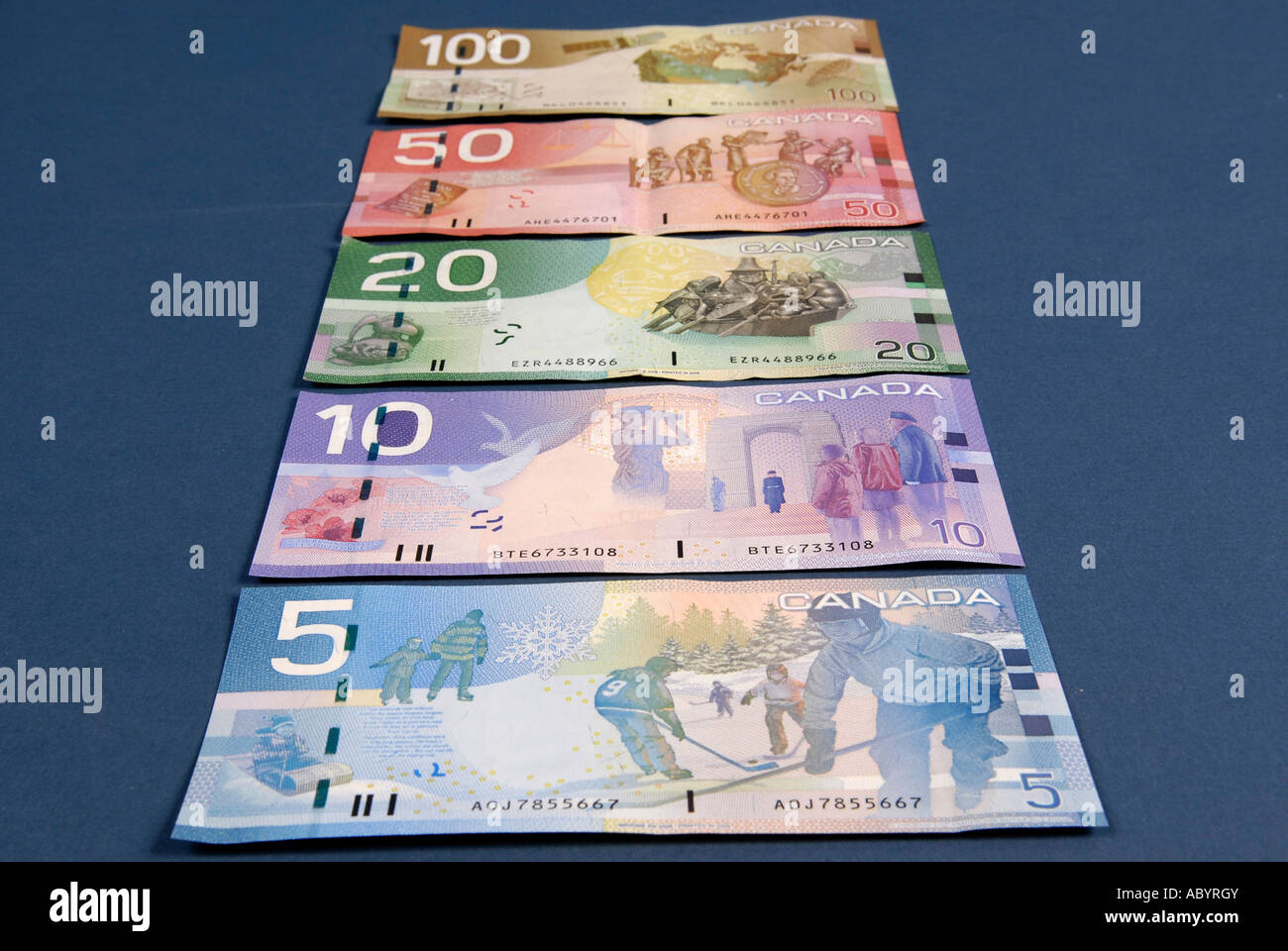 5 Five Ten 10 Twenty 20 Fifty 50 One hundred 100 Canadian Canada cash money dollar bills Stock Photo
