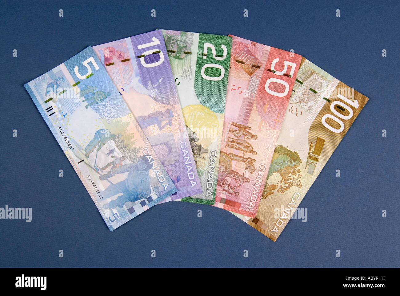5 Five Ten 10 Twenty 20 Fifty 50 One hundred 100 Canadian Canada cash money dollar bills Stock Photo