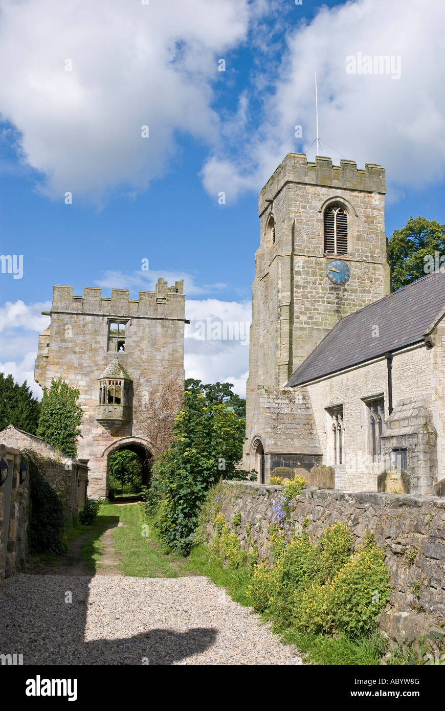 Parish Church and Marmion Tower at West Tanfield Yorkshire UK Stock