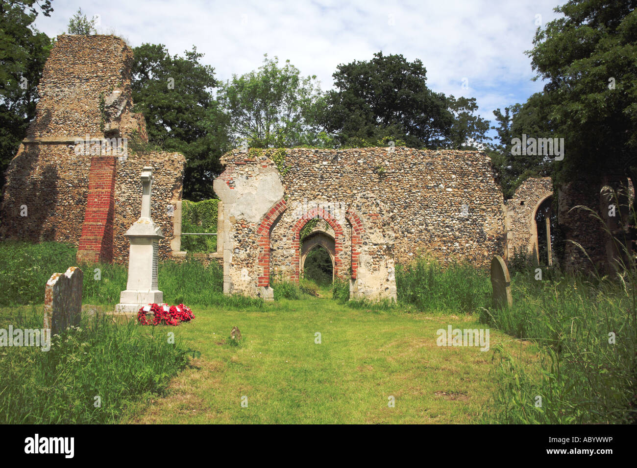 The remains of the tower and walls of the Church of St Mary at Tivetshall St Mary, Norfolk, England, United Kingdom, Europe. Stock Photo