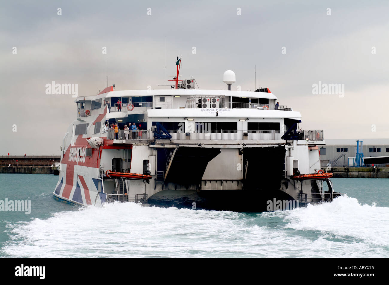 wake behind ferry propeller wash Cross channel ferry in port at dover