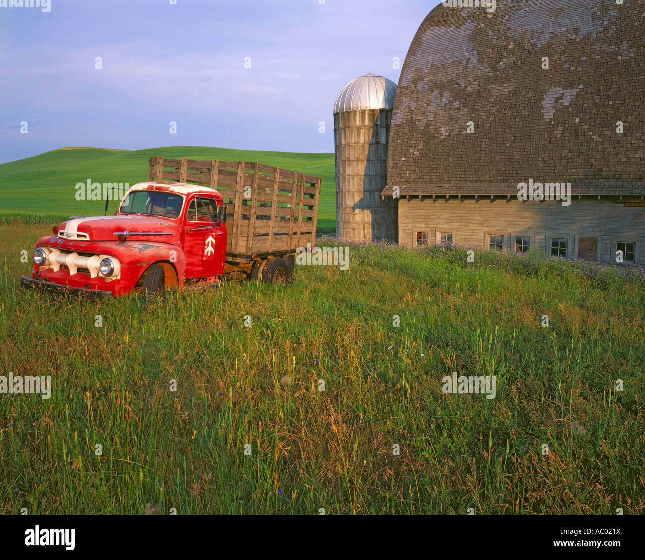 Whitman County WA Vintage red Ford flatbed truck parked in front of a weathered barn and silo in summer Stock Photo