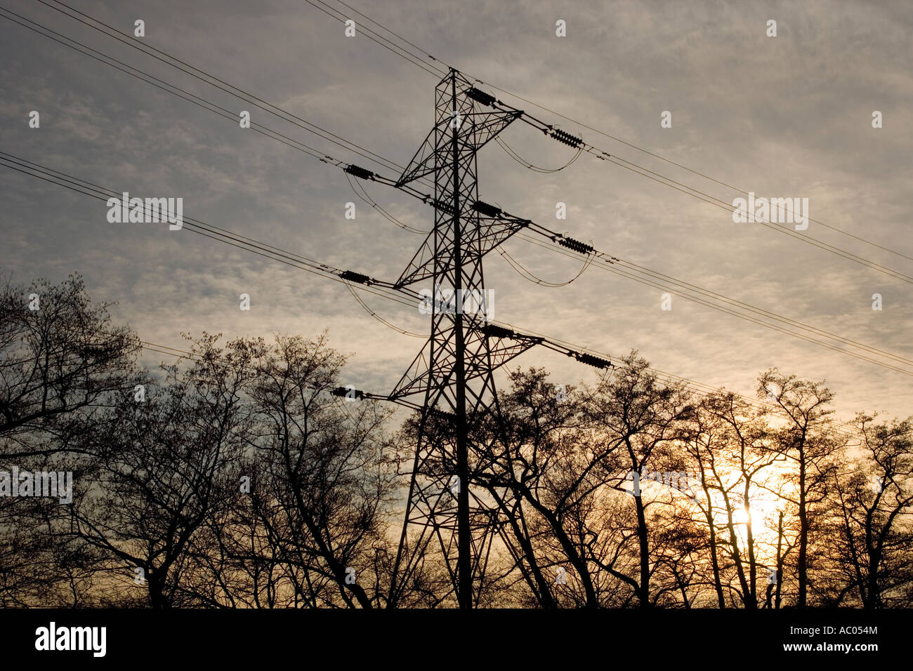 An Electricity pylon silhouetted against a beautiful sky Stock Photo ...