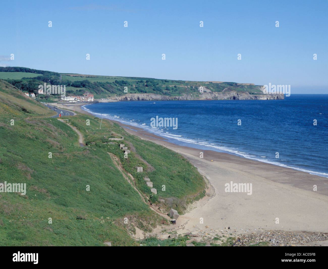 General view over beach to Sandsend village, near Whitby, North