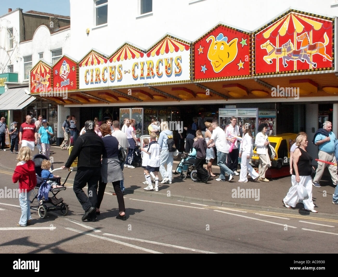 Southend on Sea seaside resort beside River Thames estuary Amusement Arcades along Marine Parade road closed to traffic Stock Photo