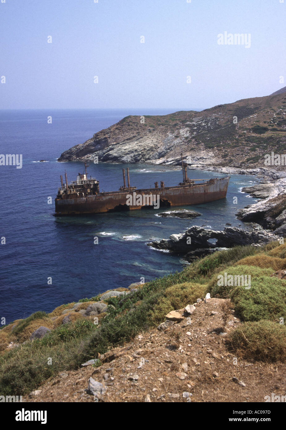 Ship wrecked on the Greek island of Andros Stock Photo