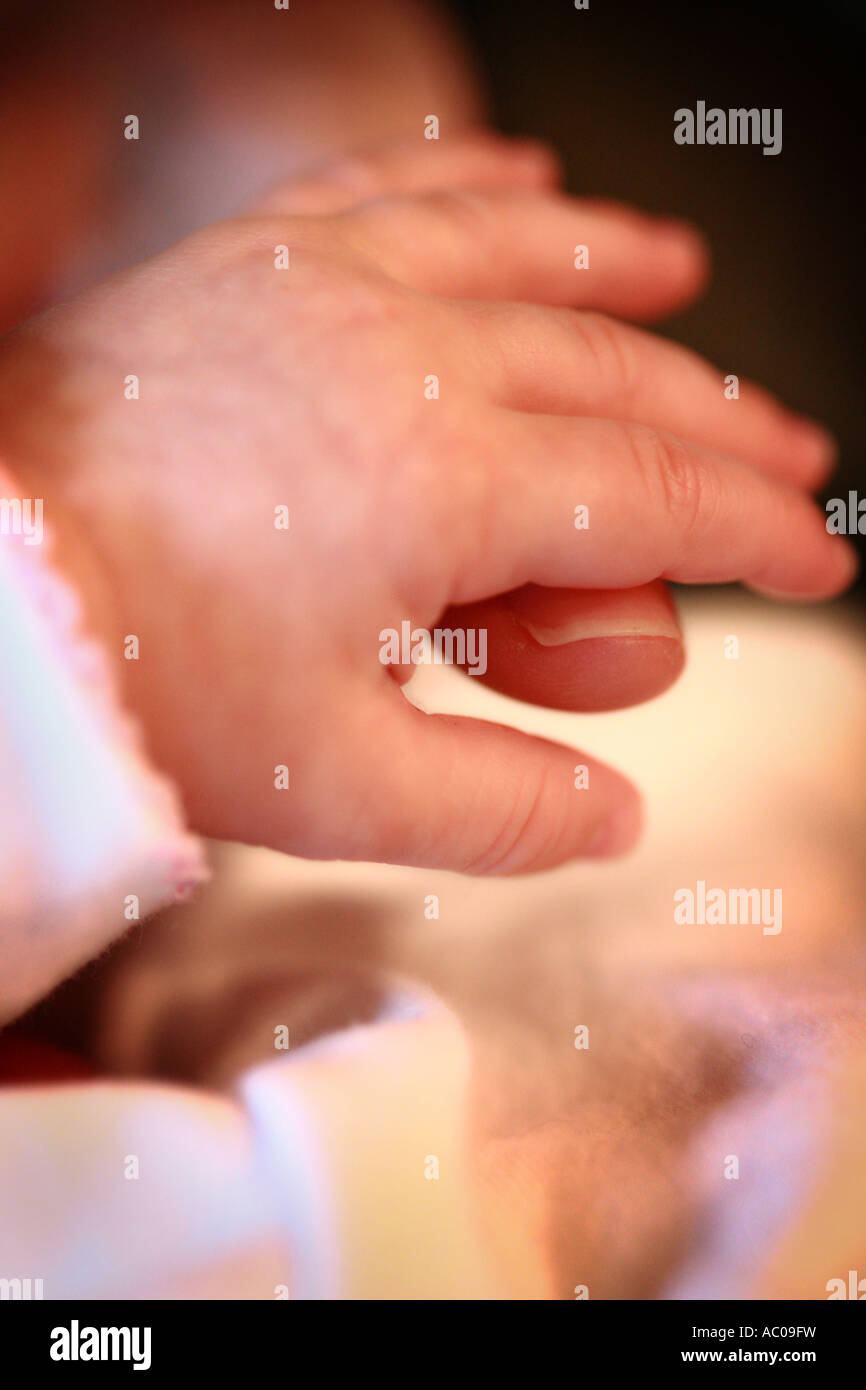 Closeup detail of the fragile hand and wrist of a newborn baby with tiny delicate fingers nails wrapped around parents finger Stock Photo