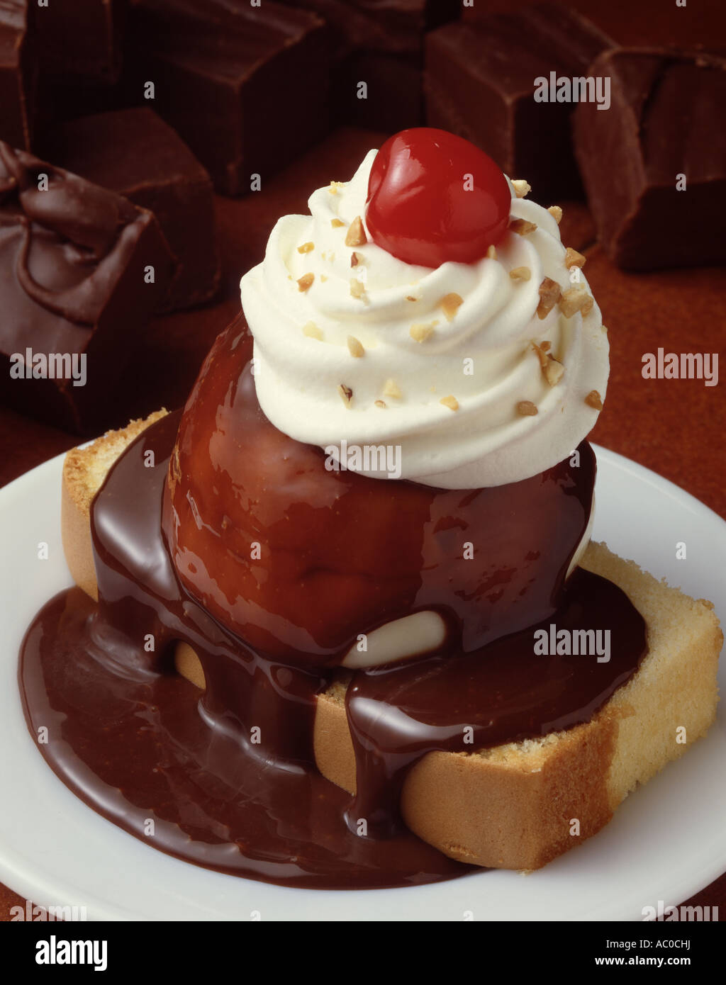 chocolate ice cream sundae sunday whipped cream cherry sauce pound cake