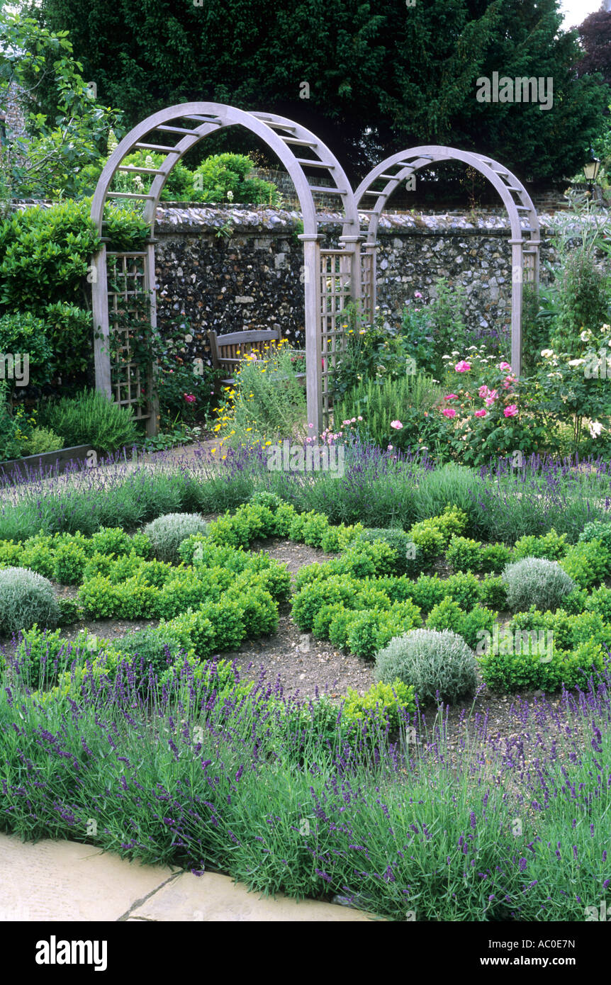 Herb Knot Garden Lavender Box hedges Trellis Arches Stock Photo