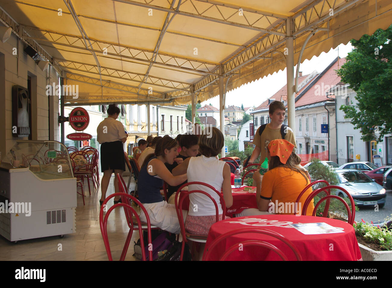 Sidewalk cafe at the am Glavni trg in Novo Mesto Slovenia Stock Photo