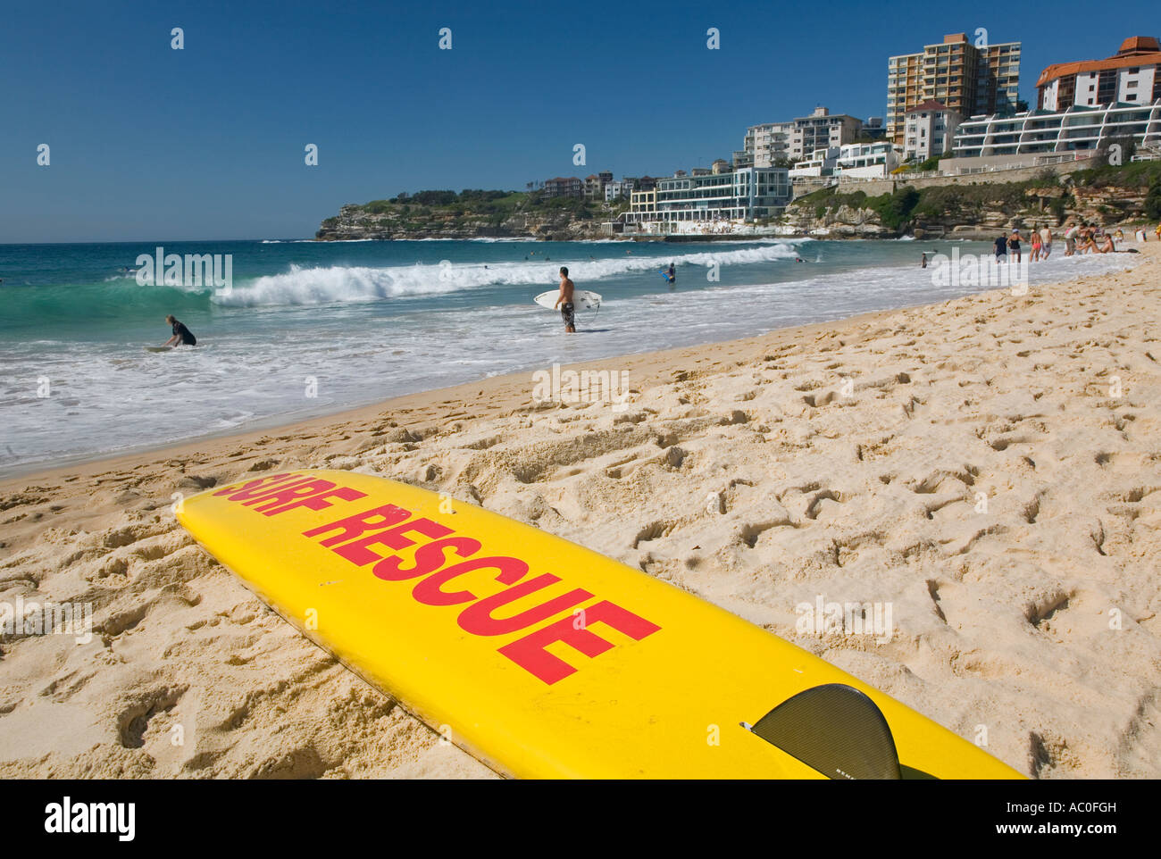 A surf rescue board lies on the beach at Bondi on Sydney s eastern beaches Stock Photo