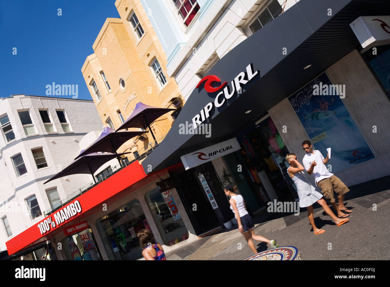 Surf shops and colourful architecture along Campbell Parade at Sydney's Bondi Beach Stock Photo